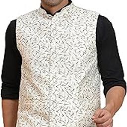 Men's Indian Dupion Silk Printed Nehru Jacket Waistcoat Off-White_M-0