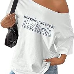 SXV Women's Oversized Asymmetrical Neck T-Shirt with Hot Girls Read Books Slogan Print, White-7