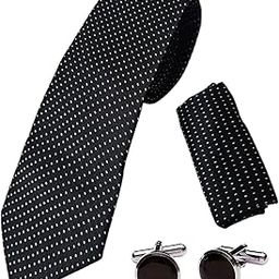 Black White Pindot Italian Silk Tie, Pocket Square & Matching Cufflink Gift Set for Men – 2.75" Slim Necktie, 10x10 Handkerchief, Brass Cufflinks – Elegant Formal Accessories in Wooden Gift Box-image-116