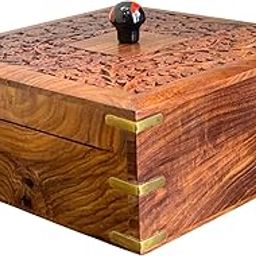 KS Wooden Dry Fruit Box | Sheesham Wood Spice Box | Square dry fruit or dry spices box | Hand carving lid | 4 compartments | 250 gram each compartment capacity | Brown- 1.12 Kg-image-70