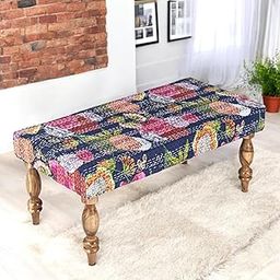 Ikiriya Bestone Sheesham Wood Mid Century 2 Seater Bench/Settees/Recamiers in Fruit Print Blue Kantha for Living Room | Bedroom | Hallway | Balcony | Home | Dining Room | Café | Resort | Hotel-image-1