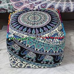 Mandala Meditation Floor Pillows Square Pillow Seating for Hippie Decorative Adults Bohemian Floor Cushion for Outdoor Living Throw Ottoman Poufs Cover 22X22X14 inches, Green Deer Elephant-image-93