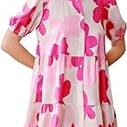 Women's Green Flower Print Short Sleeve Button Front All-Over Printed Dresses, Ruffle Hem Smock Dress for Woman (161 Dress)-image-36