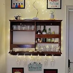 Jdav Wooden Wall-Mounted Wine Rack with Glass Holder, 29 x 24 x 5 Inch, Bar Cabinet Natural Finish-image-32