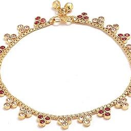 Gold Plated Floral Anklet with Red & White CZ Stones – Traditional Ethnic Jewelry for Women & Girls-image-53