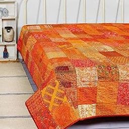 Handycraft India Patchwork Kantha Quilt, Throw Handmade Silk Patola Kantha Bed Cover, Reversible Bedding Bedspread,Vintage Hand Stitch Gudri, Decorative, Orange (Single 60 x 90)-image-61