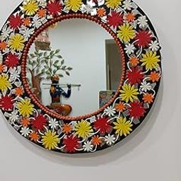 Handcrafted Floral Mirror with Vibrant Red, Yellow, White & Orange Petals – Decorative Circular Wall Mirror for Living Room, Bedroom & Office-image-34