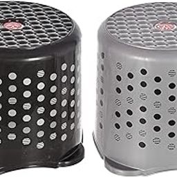 Homestic Comfy Stool Dot Printed Multiuses Portable, Lightweight, Strong, Durable Plastic Bathroom/Step/Sitting Stool, Patla- Pack of 2 (Black & Grey)-46KM0159-4