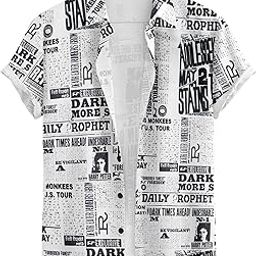 Printed Button-Down Shirt, Short Sleeve, Black and White Newspaper Print Design-picture-1