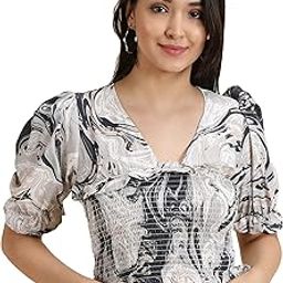 Women's Printed V-Neck Grey Cinched Waist Crop Top-AE-10617_Grey_XL-image-24