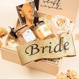 Bride to be Wedding Bridal gift hamper for Friends Sister | Pack of 4 items- Golden Necklace, Bride Sash, Scented Candle, Bath Salt | Gift for Women-picture-49