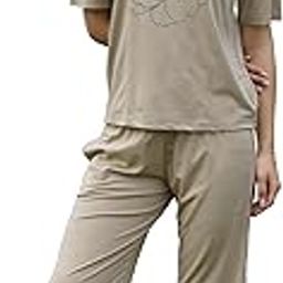 Riza Tencel Lycra Fabric Round Neck Short Sleeves Relaxed Fit Plain T-Shirt and Pyjama Night Suit Set/VNS-1140-image-46