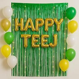 Party Decoration Set with Gold HAPPY TEEJ Letter Balloons, Foil Metallic Curtain, Latex Balloons-image-37