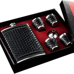 JUZR 9OZ Hip Flask Set - Woven PU Leather and Stainless Steel with Funnel and 4 Cups Brown Wine Whiskey Alcohol Drinks Holder Pocket Hip Flask-picture-27