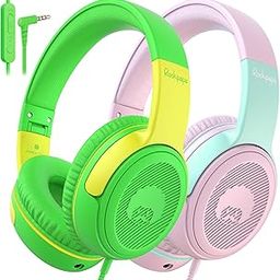 rockpapa Share 1 Kids Headphones Wired with Microphone & Share Port, 85dB/94dB Volume Limited, Cute Foldable Student Child Boys Girls Headphones for School/Travel Green/Yellow+Pink/Green-picture-20