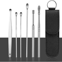 MeeTo 6 Pcs Earwax Removal Kit, Ear Cleansing Tool Set, Ear Curette Ear Wax Remover Tool, Small Size Stainless Steel Ear Cleaner with Storage Pouch, Easy to Use, Painless Ear Pick, Pack Of 6 Random Colour-44