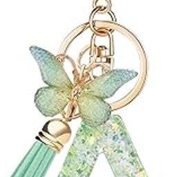 Fashion Alphabet Initial Letter Keychain Tassel Butterfly Pendant Key Ring for Purse Handbags Women Girl-image-18
