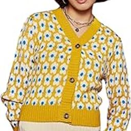 Mustard Floral Front Open Wool Cardigan-image-5
