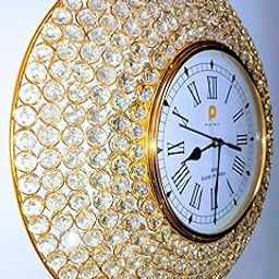 PINTOIT Luxury Decorative Crystal Wall Clock (16") Metal Abstract Crystal Beads Analog Hanging Golden in Roman Number Fancy Diamond Clock Luxurious Living Room Gift for Diwali Wedding Anniversary-6