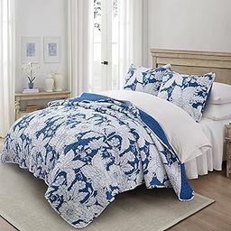 Floral Bedding Quilt Set Bedspread - Blue Floral Quilt Lightweight Reversible Dyed Oversized Bed Spread Coverlet with 2 Pillowsham for Home All Season Tropical Luxury Royal (Oversized King)-image-27