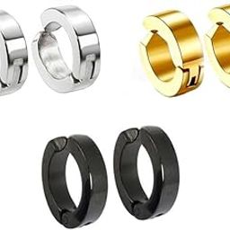 Fashion Punk Non-Piercing Ear mens jewelry (3 Pairs) Silver, Gold And Black Stainless Steel Earrings For Men And Women-image-82