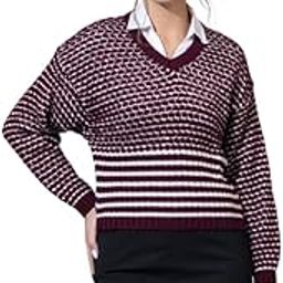 Women’s Pure Wool V-Neck Striped Pattern Winter Sweater | Full Sleeve Knit Pullover | Stylish & Warm Casual Woolen Sweater for Girls & Ladies-image-99