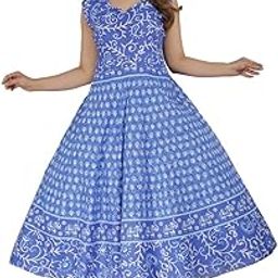 Jaipuri Print Long Cotton Blue Dress for Women - Perfect for Party & Casual Wear Style, Comfortable Fit,-image-3