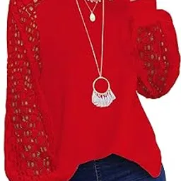 shasmi Women's White Ballon Long Sleeve, Crew Neck Tops Lace Casual Loose Blouses T Shirts (Shree Top 29)-picture-29