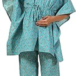 Jaipuri 100% Cotton Maternity Nursing and Feeding Kaftan Night Suit | Center Nursing Zipper | Pre and Post Pregnancy | Color - Turquoise-image-90