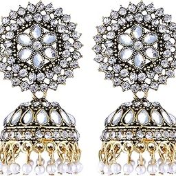 Designer Traditional Golden Cubic Zirconia & Pearl Gold Plated Jhumka Drop Earrings For Women Girls-image-44