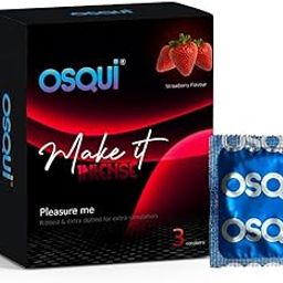 OSQUI Dotted & Ribbed (Multi Textured) Natrul Coloured Extra Time Lubricated Strawberry Flavour Condoms Pack of 3-16