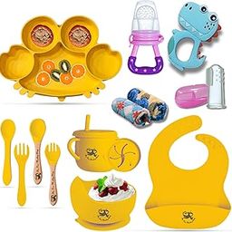 Poor-Monkey-Shop 15 Pc Baby Feeding Set | BPA-Free Food-Grade Silicone | Bib, Crab Shaped Suction Plate, Suction Bowl, Forks & Spoons, Cup, Fruit Feeder, and Much More | Safe for Babies & Toddlers-image-1