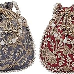 Kuber Industries Silk Embroidered 2 Pieces Women Potli Bag (Grey & Maroon) -CTKTC8832, Standard-4