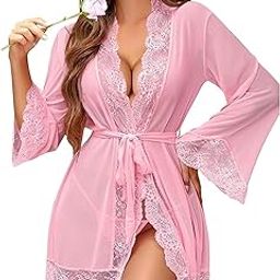 vaia Elegant Lace-Trimmed Satin Robe, Pink, Short Length, Bell Sleeve, V-Neck Design with Waist Belt, Loungewear-picture-1