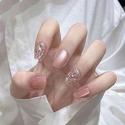Secret Lives Cats Eye Reusable Artificial Pink Color with Golden Glitter & 3D Crystals Design Fake Press on Nails 24 Pieces Set with Kit-6