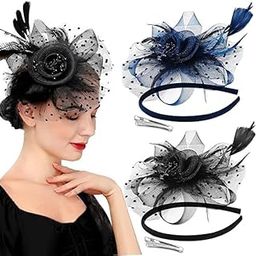 (2Pcs) Fancy Hair Accessories For Women Fascinators For Girls Dual-Use Clip & Headband For Women Stylish Head Band With Clips Viral Hair Band Elegant Feather Designer Headband (2Pcs Black Blue)-image-0