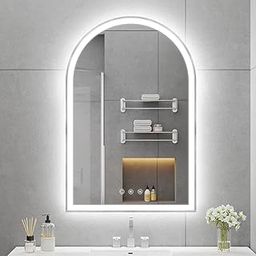 OUMUSU 20 x 30 Inch Arched Mirror LED Bathroom Mirror with Front and Rear Light, Brushed Nickel Bathroom Mirror with Lights, Anti-Fog, Adjustable LED Mirror for Bathroom-picture-1