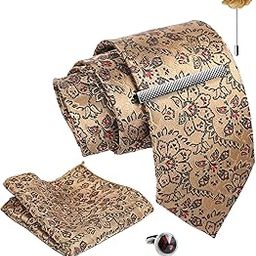 Tie for Men – Paisley Silk Neck Ties Set with Cufflinks Flower Pin, Pocket Square & Black Gift Box, Combo Necktie Sets for Office Wear, Formal Suits & Weddings (Elegant Beige, NXPLX_76)-image-30