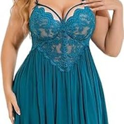 Plus Size Lingerie Lace Babydoll Womens Strap Chemise Nightgown V Neck Nighty Mesh Sleepwear Side Slit Nightdress-picture-12