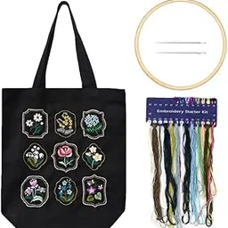 patpat PATPAT® DIY Embroidery Canvas Tote Floral Embroidery Canvas Shoulder Bag Embroidery Artcraft Material Pack with 35x33cm Canvas Bag & Color Yarns, Needles, Hoop and Tools DIY Embroidery Book Bag-picture-32