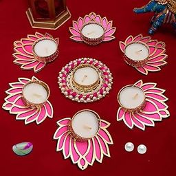 GIFT JAIPUR Handmade 7 Pc Pink Lotus Chudi Diya Rangoli Candles With Wax For Diwali Ganesh Chaturthi Laxmi Pooja Home Temple Rangoli Diya Floor Decoration, Woody-image-4