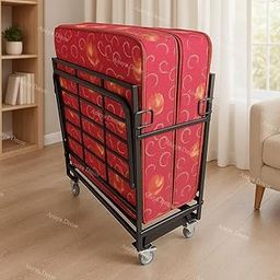 Rollaway Folding Single Bed with 6-Inch Luxury Foam Mattress from Anaya Enterprises | Heavy-Duty Metal Frame | Lockable Wheels | Portable & Space-Saving Design (with Red Mattress)-image-87