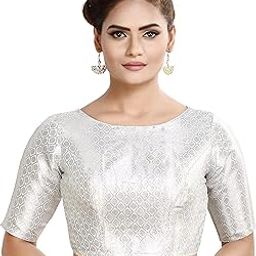 Women's Traditional Rich Silver Banarasi Brocade Elbow Length Sleeves Stitched Readymade Saree Blouse-image-38