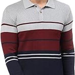 Men Full Sleeve Multi Color self Design Striped Cotton Blend Polo t-Shirt with Collar Stylish-image-35