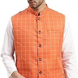 Mens Cotton Blend Orange Sleeveless Nehru Jacket (42)-image-86