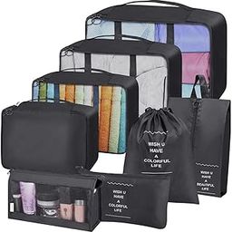 Polyester 8Pcs Set Travel Organizer Packing Cubes Lightweight Travel Luggage Organizers With Laundry Bag Or Toiletry Kit Bag ((Black))-image-0