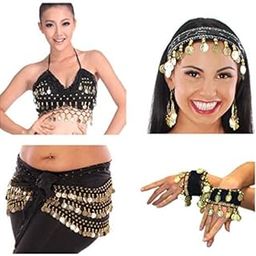 Vritraz Women's Chiffon Belly Dance Hip Waistband 1 Scarf, 1 Top, 1 Headband, 1 Handcuff with Ringy Golden Coins (Pack of 4)-image-24