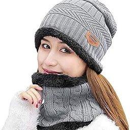 A Grade Cashmere Wool Winter Soft Warm 1 Set Snow and Wind Proof Knitted Ball Cap (Inside Fleece) Woolen Beanie Cap with Scarf Muffler for Women Ladies Girls (Beanie Grey)-18