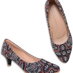 Kitten Heels Printed Pumps for Women - Almond Toe Slip-On Fashion Sandals - Footwear for Casual & Wedding - Stylish Black Classic Ajrakh Art Designed Shoes-image-40