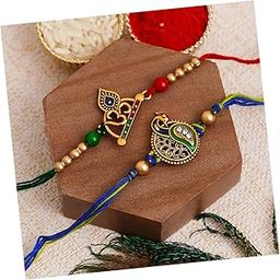 eCraftIndia Multicolor Set of 2 Om Symbol and Peacock Designer Religious Rakhis with Roli Chawal Pack - Rakhi for Brother, Bhaiya, Bhai-image-33